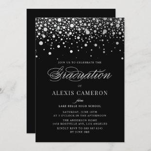 Faux Silver Foil Confetti Dots Black Graduation Invitation