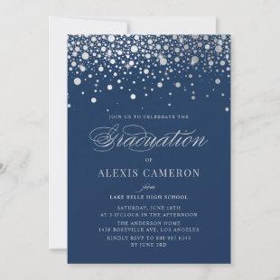Faux Silver Foil Confetti Dots Blue Graduation Invitation