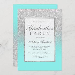Faux silver glitter teal Graduation party Invitation