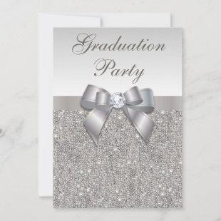 Faux Silver Jewels Bow Girls Graduation Party Invitation