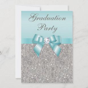 Faux Silver Jewels Teal Bow Girls Graduation Party Invitation