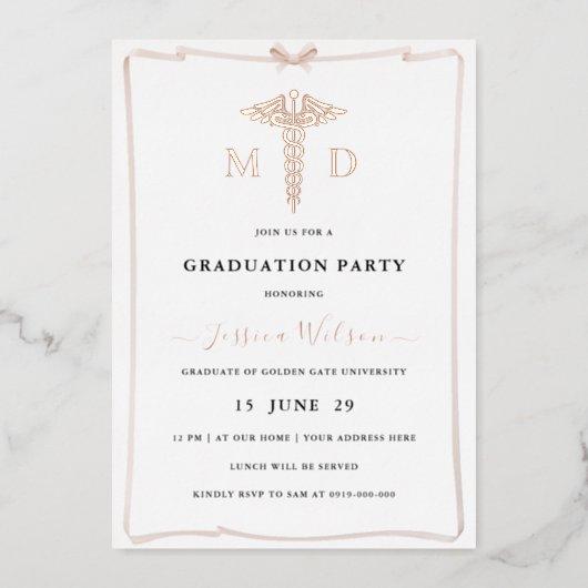 Female MD RN Caduceus Graduation Photo Foil Invitation