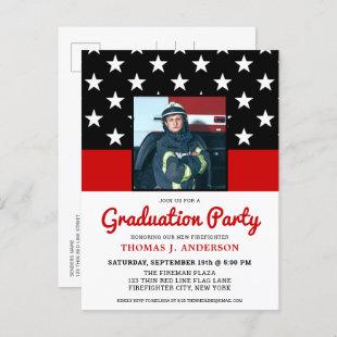 Firefighter Graduation Party Thin Red Line Photo Invitation Postcard