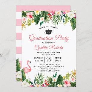 Flamingo Tropical Leaves Floral Graduation Party Invitation