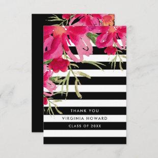 Floral | Black Stripes Graduation Thank You Card