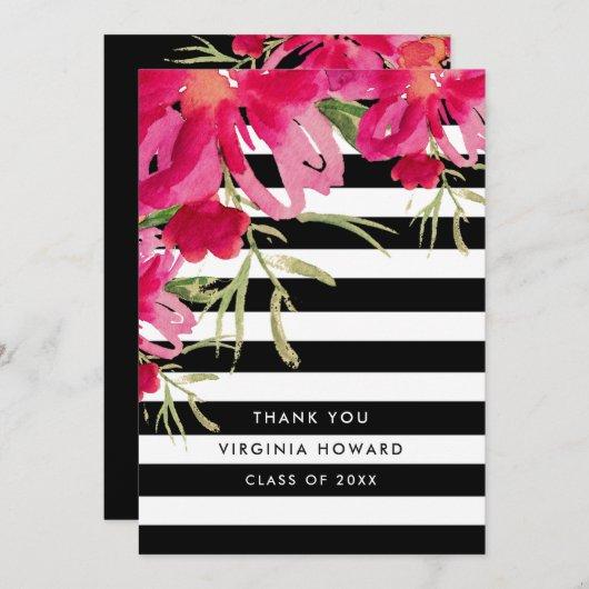 Floral | Black Stripes Graduation Thank You Cards