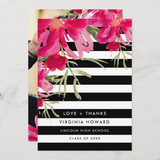 Floral | Black Stripes Graduation Thank You Cards