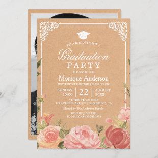 Floral Bouquet & Rustic Texture | Graduation Photo Invitation