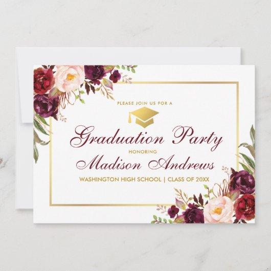 Floral Burgundy Gold Frame Graduation Party Invite