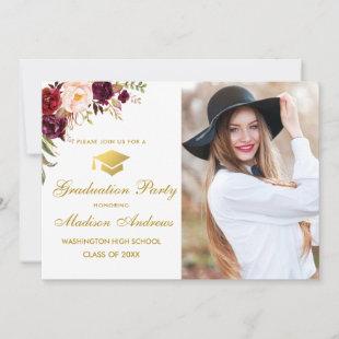 Floral Burgundy Gold Photo Graduation Party Invite