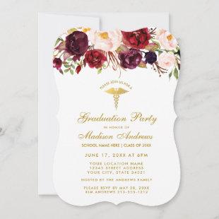 Floral Burgundy Medical Grad Gold Party Invite W