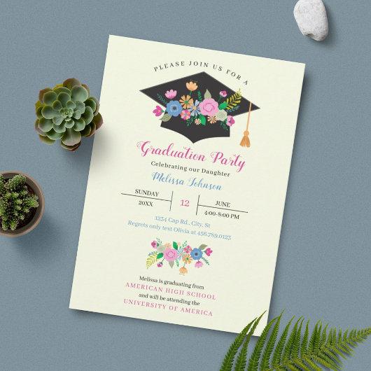 Floral Cap Graduation Party Invitation
