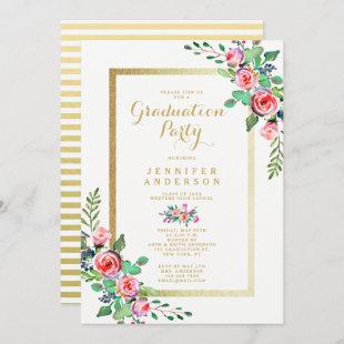 Floral Chic Gold Script Graduation Party Invite
