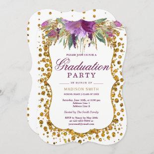 Floral Faux Gold Glitter Confetti Graduation Party Invitation