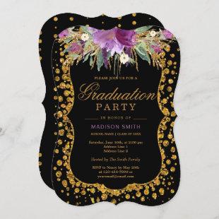 Floral Faux Gold Sparkle Confetti Graduation Party Invitation