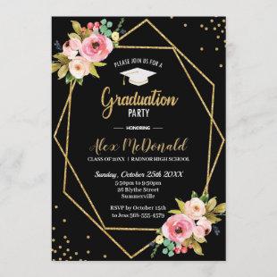 Floral Geometric Black and Gold Graduation Party Invitation