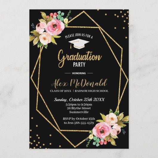 Floral Geometric Black and Gold Graduation Party Invitation