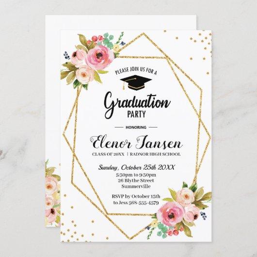 Floral Geometric Gold Glitter Graduation Party Invitation