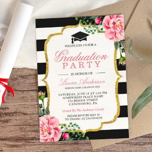 Floral Gold Black White Stripes Graduation Party Invitation