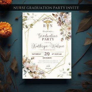 Floral Gold Nurse Graduation RN Nursing Graduate Invitation