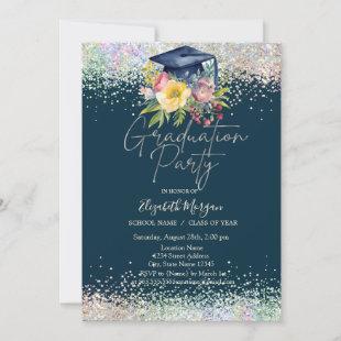 Floral Grad Cap,Confetti Navy Blue Graduation  Invitation