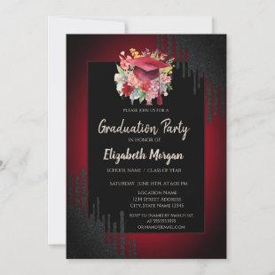 Floral Graduation Cap,Black Drips Dark Red  Invitation