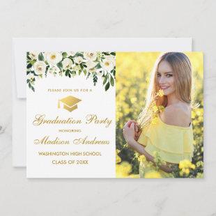 Floral Green Gold Photo Graduation Party Invite