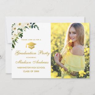 Floral Green Photo Gold Graduation Party Invite