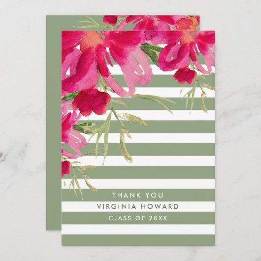 Floral | Green Stripes Graduation Thank You Cards