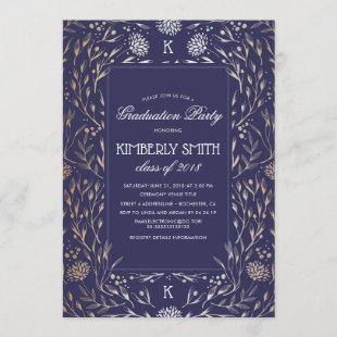 Floral Navy Blue and Gold Elegant Graduation Party Invitation