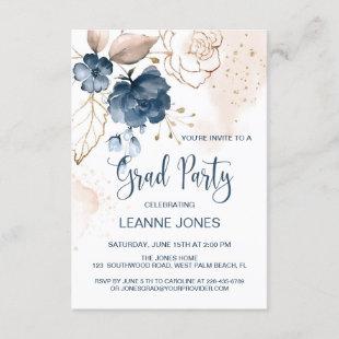 Floral navy blue Graduation Party Invitation