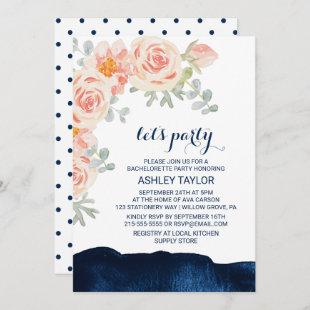 Floral Peach Pink & Navy Watercolor Let's Party Invitation