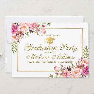 Floral Pink Gold Frame Graduation Party Invitation