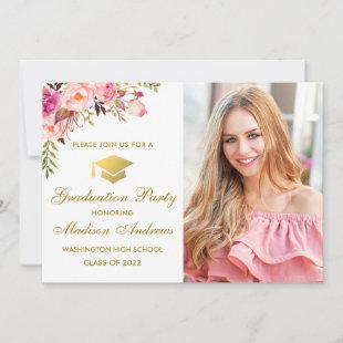 Floral Pink Gold Graduation Party Photo Invitation