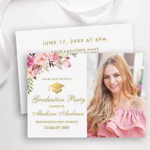 Floral Pink Gold Photo Graduation Party Invitation