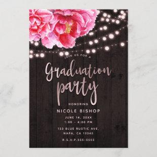 Floral Pink Rustic Wood Lights Graduation Party Invitation
