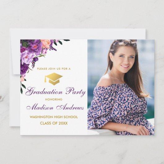 Floral Purple Gold Photo Graduation Party Invite