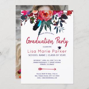 Floral red navy bouquet PHOTO graduation party Invitation