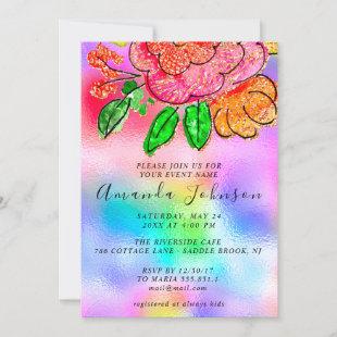 Floral Rose Bridal Shower Birthday Holograph Boho Invitation