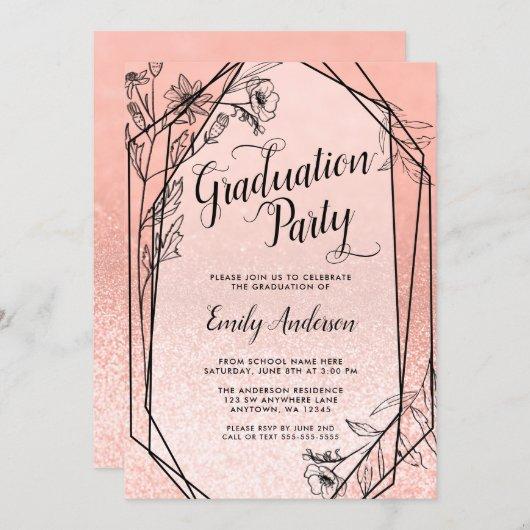 Floral Rose Gold Faux Glitter Graduation Party Invitation