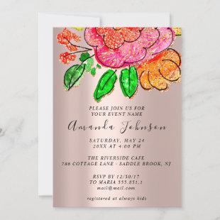 Floral Rose Orange Bridal Shower Birthday Party Invitation