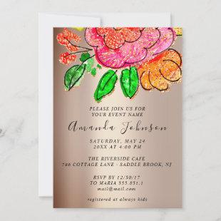 Floral Rose Orange Bridal Shower Sweet 16th Invitation