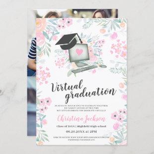 Floral watercolor pastel photo virtual graduation invitation