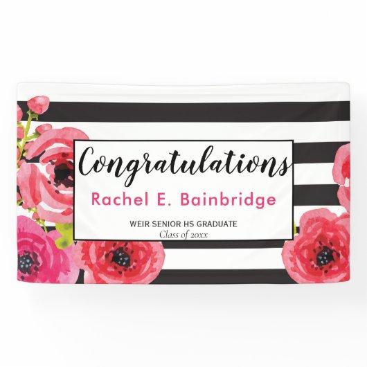 Floral  Watercolor Roses &  Stripes Grad Party Banner