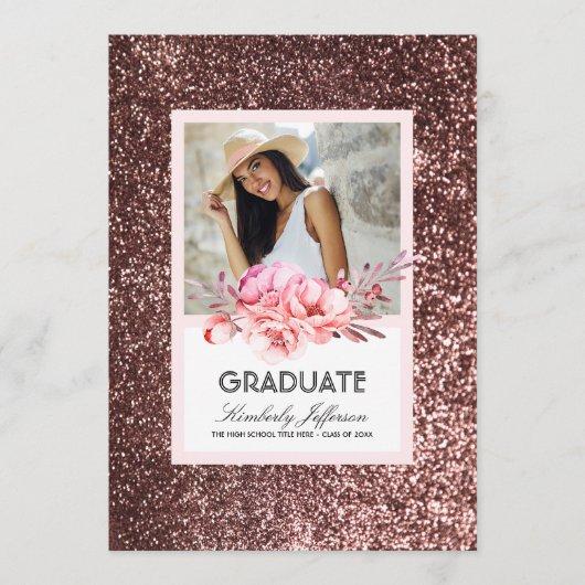 Flowers and Rose Gold Glitter Photo Graduation Invitation