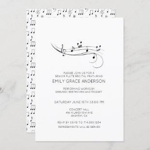 Flute Recital Musical Notes Black & White Invitation