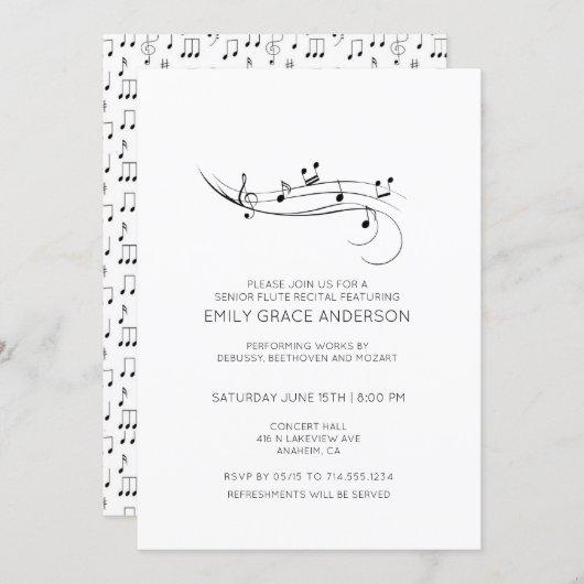 Flute Recital Musical Notes Black & White Invitation