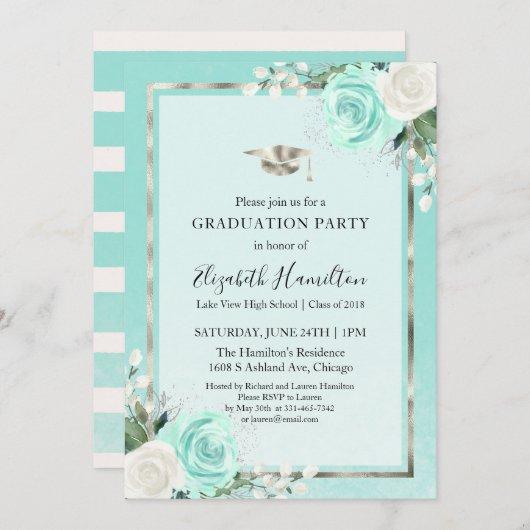 Foil Silver & Teal Modern Floral Graduation Party Invitation
