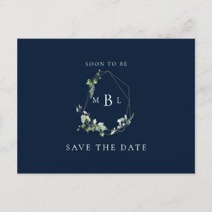 Foliage Monogram Wedding Save the Date Navy Announcement Postcard
