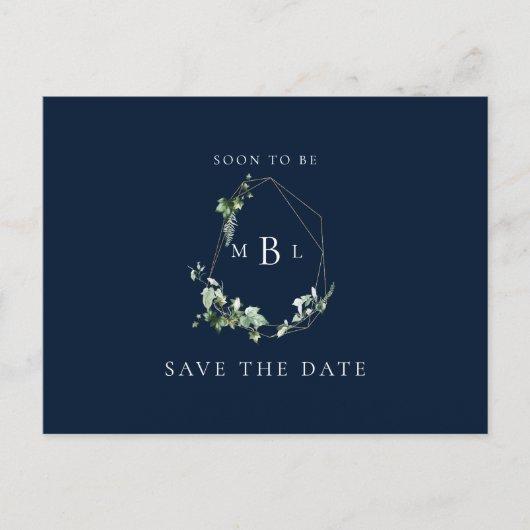 Foliage Monogram Wedding Save the Date Navy Announcement Postcard
